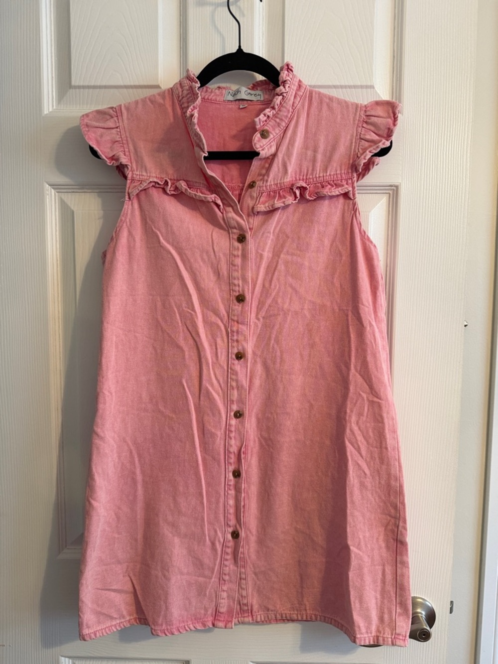 Sleeveless Pink Button-Front Mini Dress with Ruffle Trim